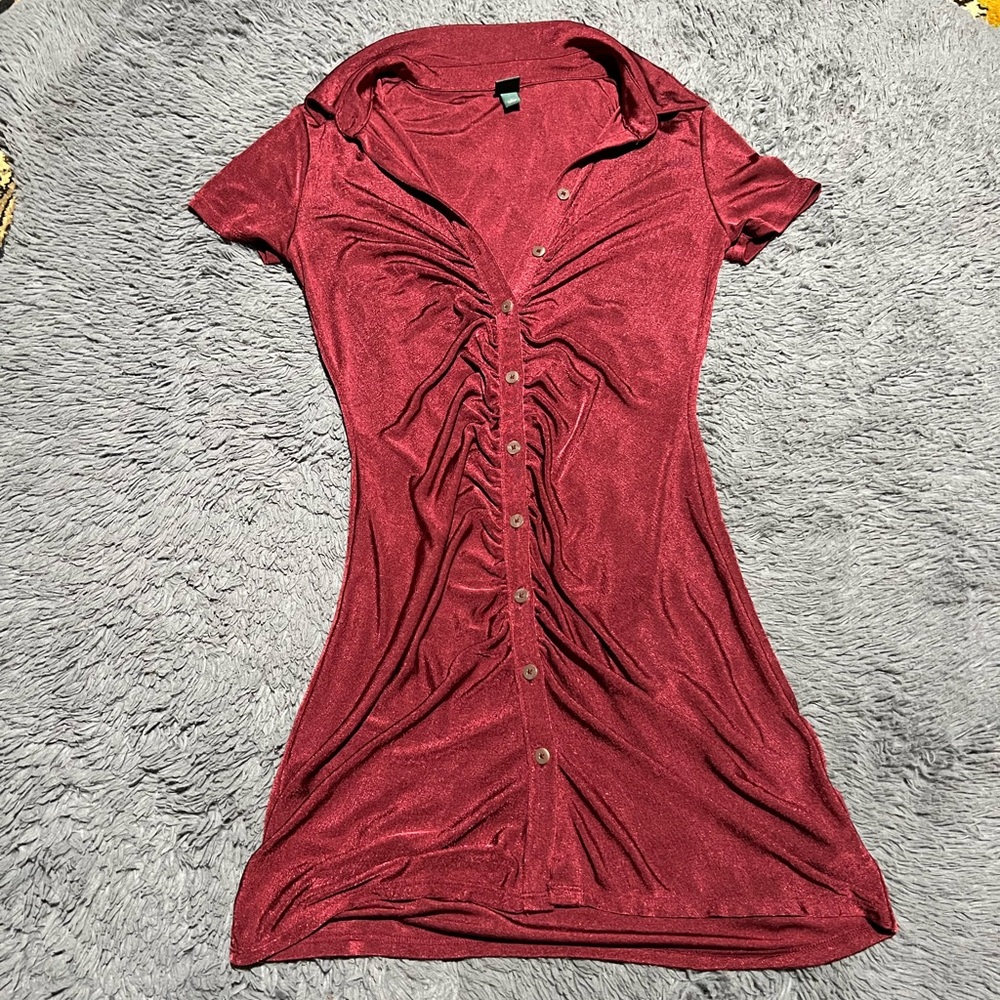 Sexy Wine Red Sheer Collared Dress